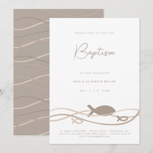 Ichthys Wellen Beige Taupe - Moderne Taufe Einladung