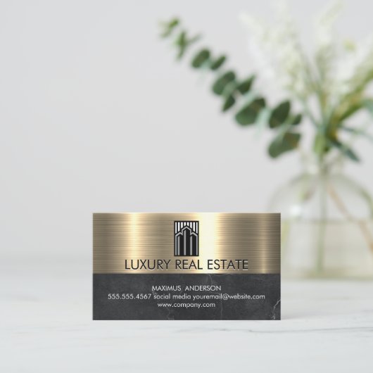Icon Real Anwesen | Metallisches Gold-Marmor Visitenkarte (Stehend Vorderseite)