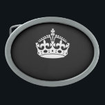 Iconic Behielt Calm Crown auf Black Ovale Gürtelschnalle<br><div class="desc">Ein Symbol für eine ruhige Krone Behalten,  das auf einem massiven schwarzen Dekor steht. Sie können dieses Schwarz-Weiß-Design auf Wunsch mit Ihrem Text anpassen. Verwenden Sie den Link "Diesen Designer Gefragt",  um uns mit Ihren speziellen Designanfragen oder für Hilfe bei Ihren Anpassungsbedürfnissen zu kontaktieren.</div>