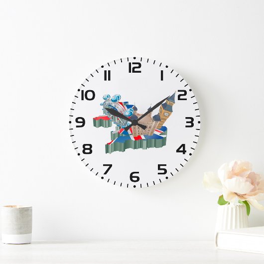 Iconic London Sehenswürdigkeiten UK Map British Tr Große Wanduhr