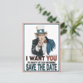 Iconic Vintag Uncle Sam Save the Date Ankündigungspostkarte (Stehend Vorderseite)