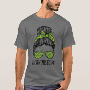 ICU Nurse Women Messy Bun St Patrick's Day Shamroc T-Shirt
