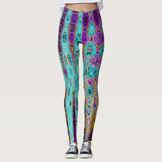 Icy Aqua Blue Groovy Abstrakt Retro AtomWaves Leggings (Vorderseite)