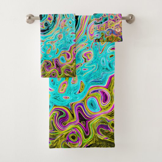 Icy Aqua Blue Groovy Abstrakt Retro Liquid Swirl Badhandtuch Set (Insitu)