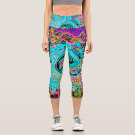 Icy Aqua Blue Groovy Abstrakt Retro Liquid Swirl Capri Leggings