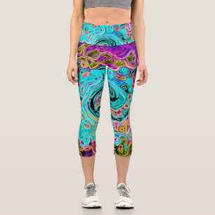 Icy Aqua Blue Groovy Abstrakt Retro Liquid Swirl Capri Leggings