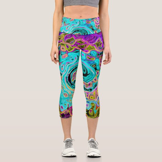 Icy Aqua Blue Groovy Abstrakt Retro Liquid Swirl Capri Leggings (Vorderseite)