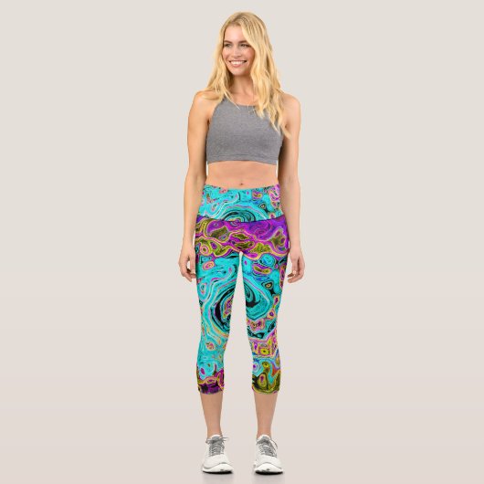 Icy Aqua Blue Groovy Abstrakt Retro Liquid Swirl Capri Leggings (Vorderseite)