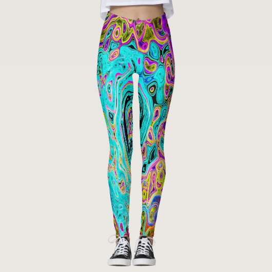 Icy Aqua Blue Groovy Abstrakt Retro Liquid Swirl Leggings (Vorderseite)