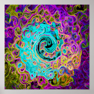 Icy Aqua Blue Groovy Abstrakt Retro Liquid Swirl Poster