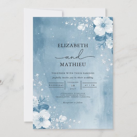 Icy Blue Botanical Frost Wedding Einladung (Vorderseite)