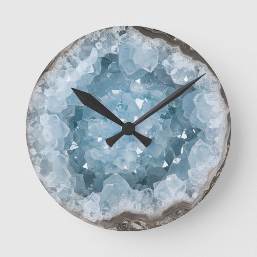 Icy Blue Celestite Crystal Geode Printed Gemstone  Runde Wanduhr (Vorderseite)