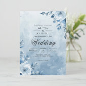 Icy Blue Floral Romance Wedding Einladung (Stehend Vorderseite)