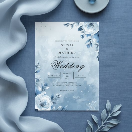 Icy Blue Floral Romance Wedding Einladung