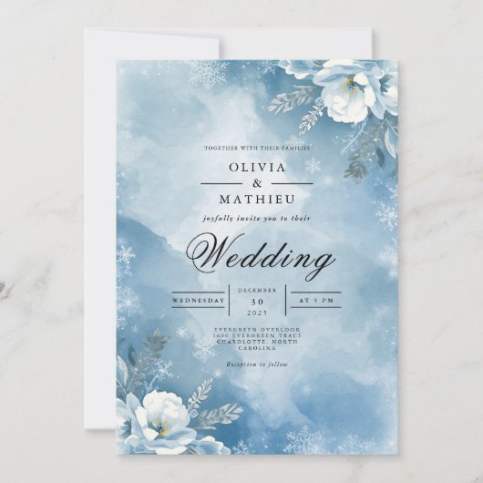 Icy Blue Floral Winter Wedding Einladung (Vorderseite)