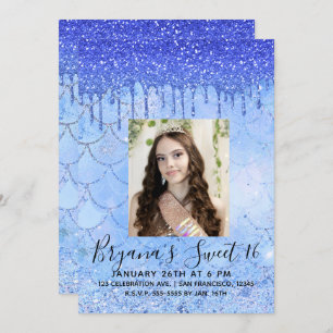 Icy Blue Glitzer Tropfen Mermaid Sweet 16 Foto Einladung