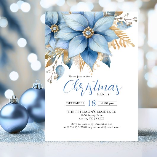 Icy Blue Gold Poinsettia Blume CHRISTMAS Party Einladung
