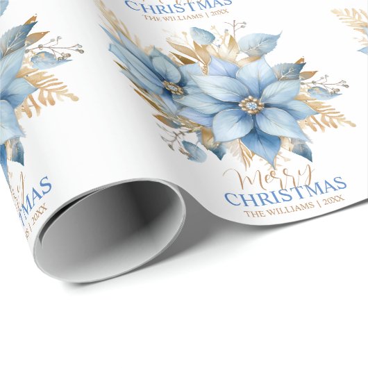 Icy Blue Gold Poinsettia Blume Weihnachten | NAME Geschenkpapier (Rolleneckpunkt)