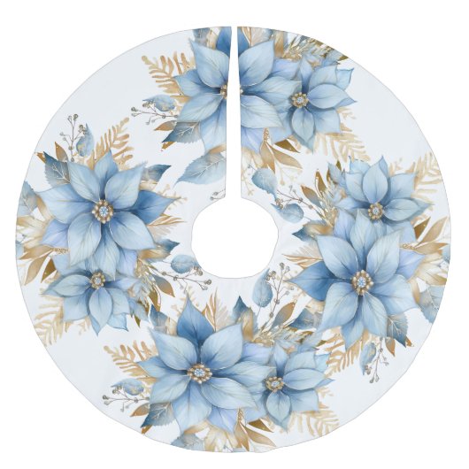 Icy Blue Gold Poinsettia Blume Weihnachten Polyester Weihnachtsbaumdecke (Vorderseite)