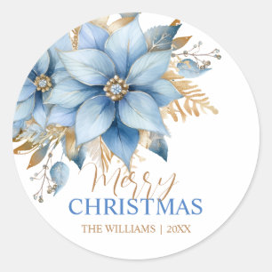 Icy Blue Gold Poinsettia Blume Weihnachten Runder Aufkleber