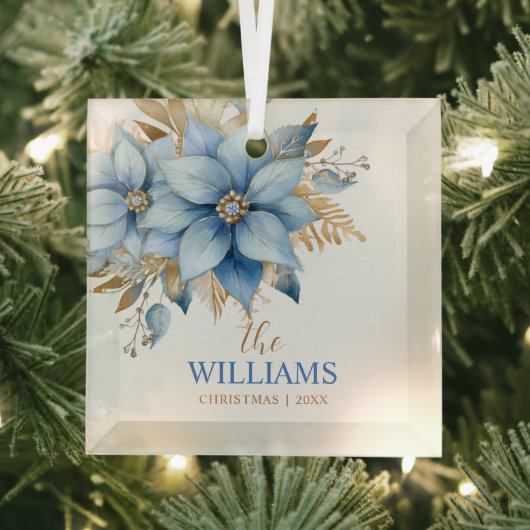Icy Blue Gold Poinsettia Blume Weihnachtsbaum Ornament Aus Glas (Insitu)