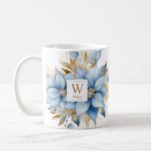 Icy Blue Gold Poinsettia WeihnachtsMONOGRAM Kaffeetasse (Links)