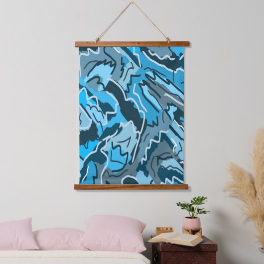 Icy Blue Marbled Abstrakt Wandteppich Mit Holzrahmen (Schlafzimmer)