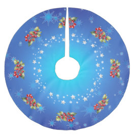Icy Blue Red Berries & Stars Weihnachten Polyester Weihnachtsbaumdecke