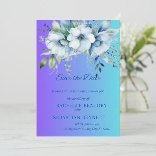 Icy Blue Watercolor Blumenzellenhochzeit Einladung (Stehend Vorderseite)