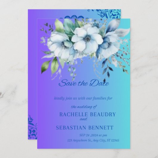 Icy Blue Watercolor Blumenzellenhochzeit Einladung (Vorne/Hinten)