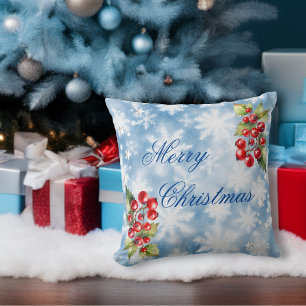 Icy Blue Winter Snowflakes & Holly Frohe Weihnacht Kissen