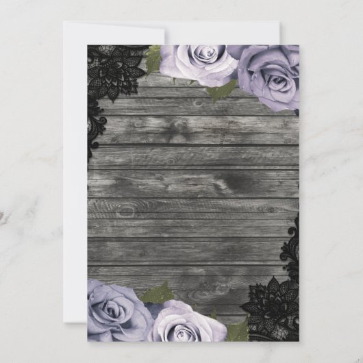 Icy Lila Rose Rustic Wood Black Lace Wedding Einladung (Rückseite)