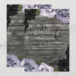 Icy Lila Rose Rustic Wood Black Lace Wedding Einladung