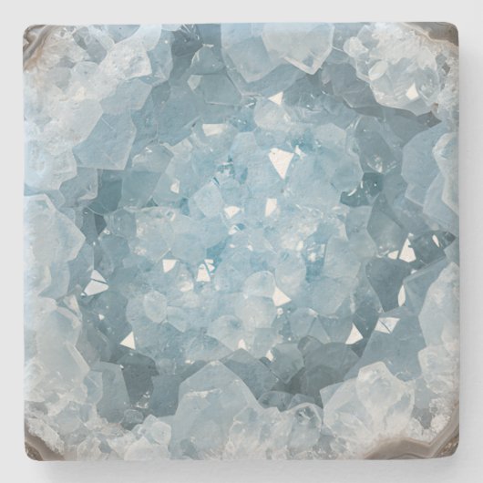 Icy Pale Blue Celestite Crystal Geode Printed Steinuntersetzer (Vorderseite)