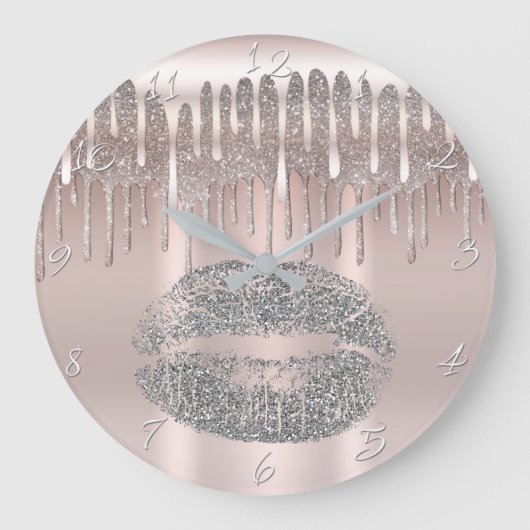 Icy Pink Rose Gold Silver Lips Glitter Drip Große Wanduhr (Vorderseite)