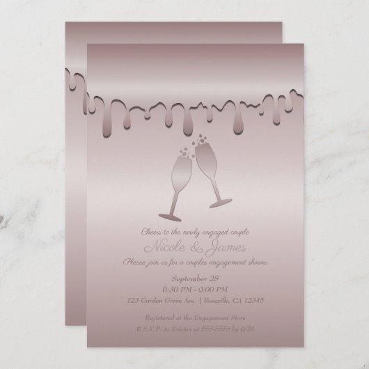 Icy Pink Rose Gold Toast Brillen Engagement Party Einladung (Vorne/Hinten)