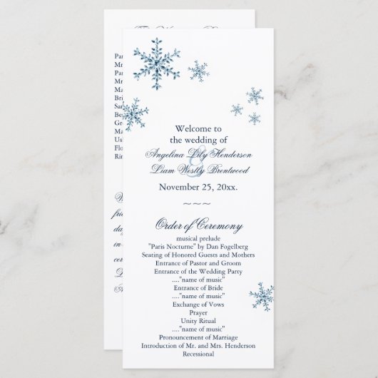 Icy Winter Snowflake Kleines Hochzeitsprogramm Programm (Vorne/Hinten)