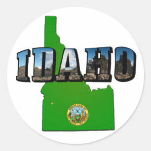 Idaho-Karte, Siegel und Bild-Text Runder Aufkleber