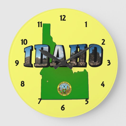 Idaho Map, Seal and Picture Text Große Wanduhr (Vorderseite)