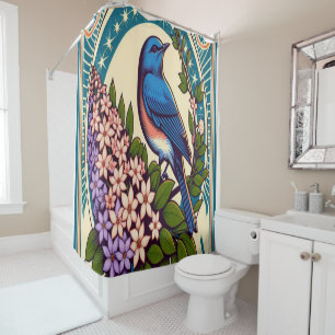Idaho Mountain Bluebird und die Syringa-Blume Duschvorhang