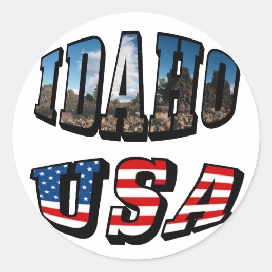 Idaho Picture Staat and Flag USA Text Runder Aufkleber (Vorderseite)