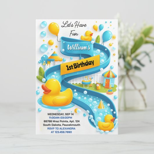Ideal Splash Bubbles Summer Duck Foam 1. Geburtsta Einladung (Stehend Vorderseite)