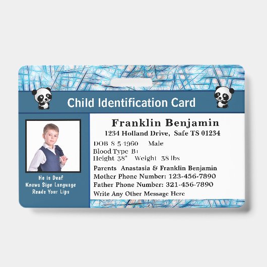 Identifizierungskarte für Kinder-Jungen-Mädchen Ausweis (Vorderseite)