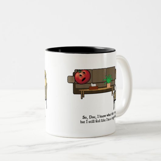 Identitätskrise, Tomate sieht Psychiater Zweifarbige Tasse (VorderseiteRechts)
