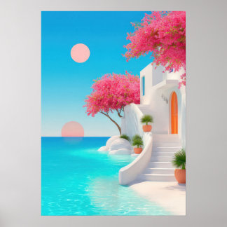 Idyllic Greek island villa with turquoise water Poster