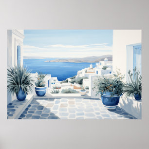 Idyllische griechische Insel: Digitaler Wasserfarb Poster