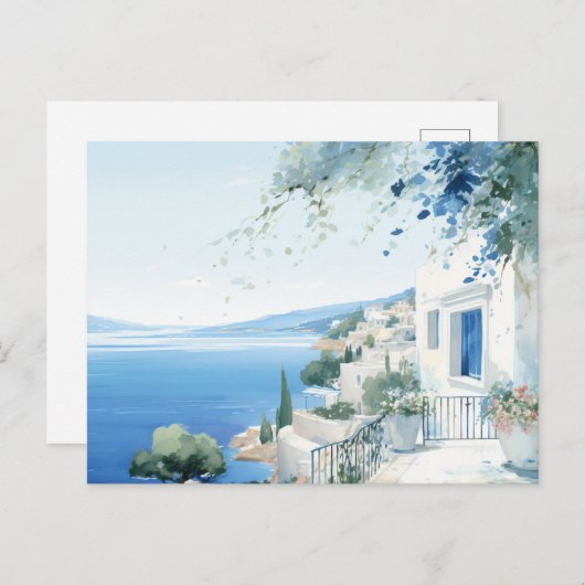 Idyllische griechische Insel: Digitalfarben Kunst Postkarte (Vorne/Hinten)