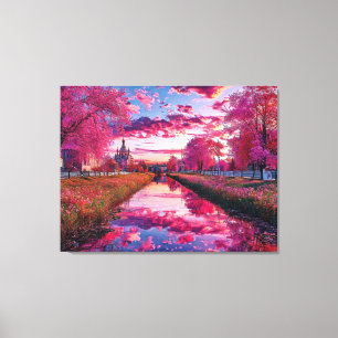 Idyllische Kanalszene mit lebendigen rosa Bäumen Leinwanddruck