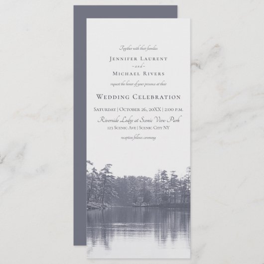 idyllische Seenlandschaft Blau-graue Hochzeit Einladung (Vorne/Hinten)