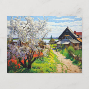 Idyllischer Frühlingsbauernhof Kirschblüten auf Sa Feiertagspostkarte